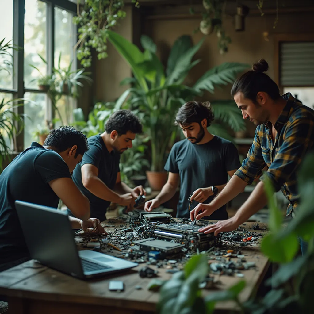 Equipo reparando laptop, sostenibilidad